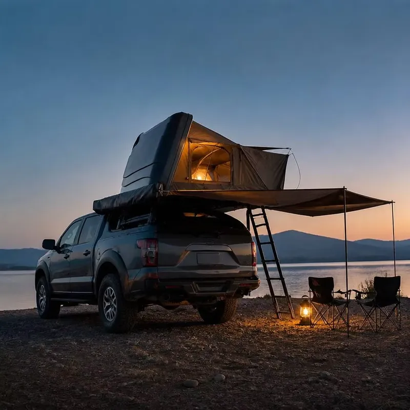 Roof Top Tent Ladder Telescopic - 防錆加工を施したABS製ハードシェルルーフテント。サイドフリップ式で素早く設営可能。伸縮式はしご付き。水が溜まるのを防ぐ設計。