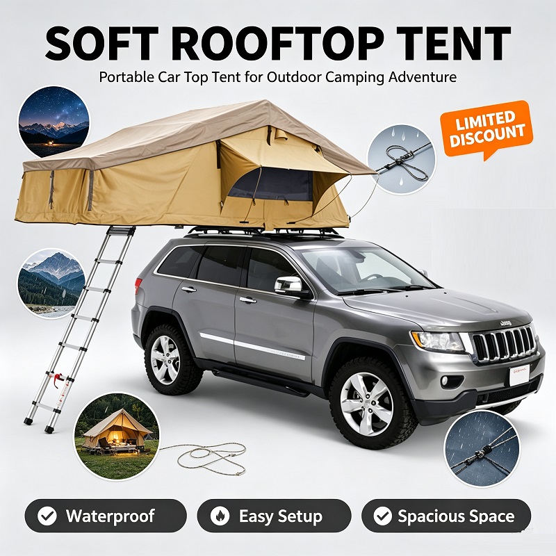 Roof Top Tent Soft Shell 3 Person - 3～4人用ソフトシェルルーフトップテント、二重層防水ポータブルカートップテント、4X4オフロードオーバーランドキャンプテント（はしご付き）