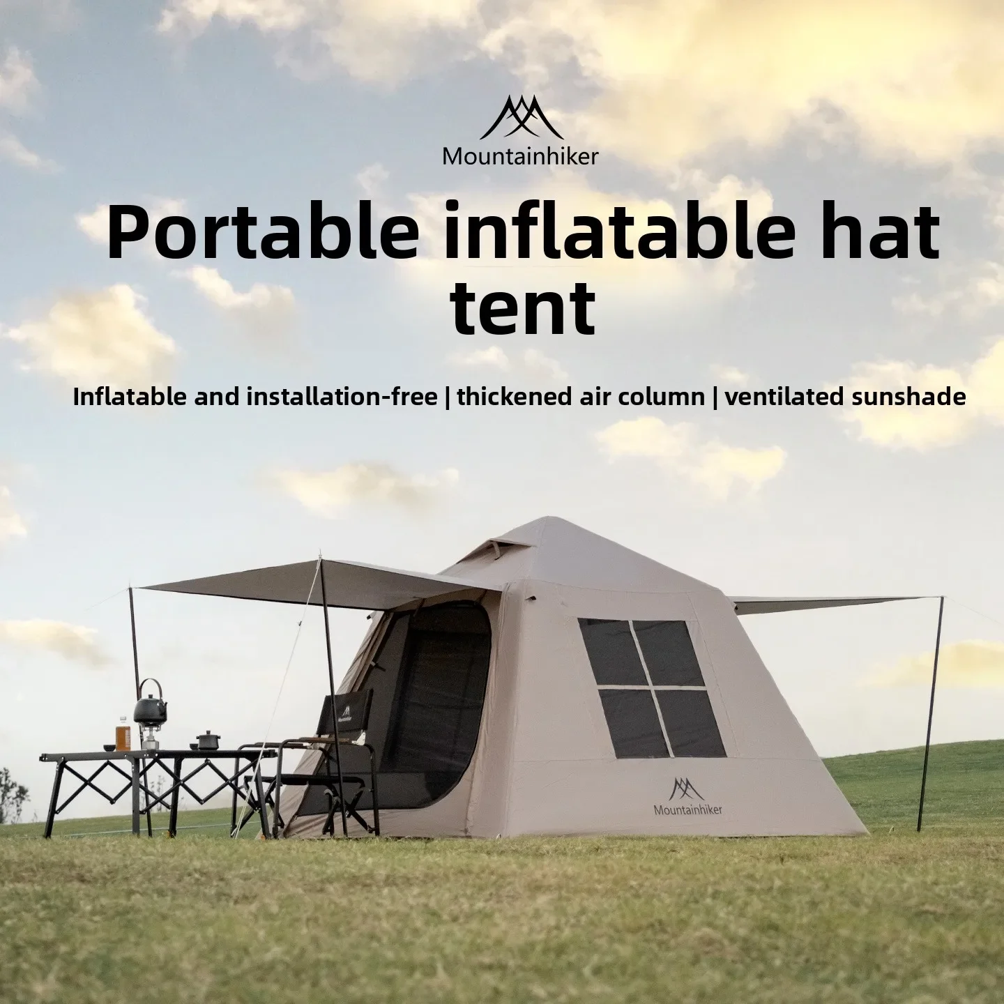 Roof Top Tent Annex Room - マウンテンハイカー 3～4人用 インフレータブル グランピングテント、メッシュ窓付きカーキ色テント、大型の天蓋を備えたリビングルーム、手動ポンプ付属