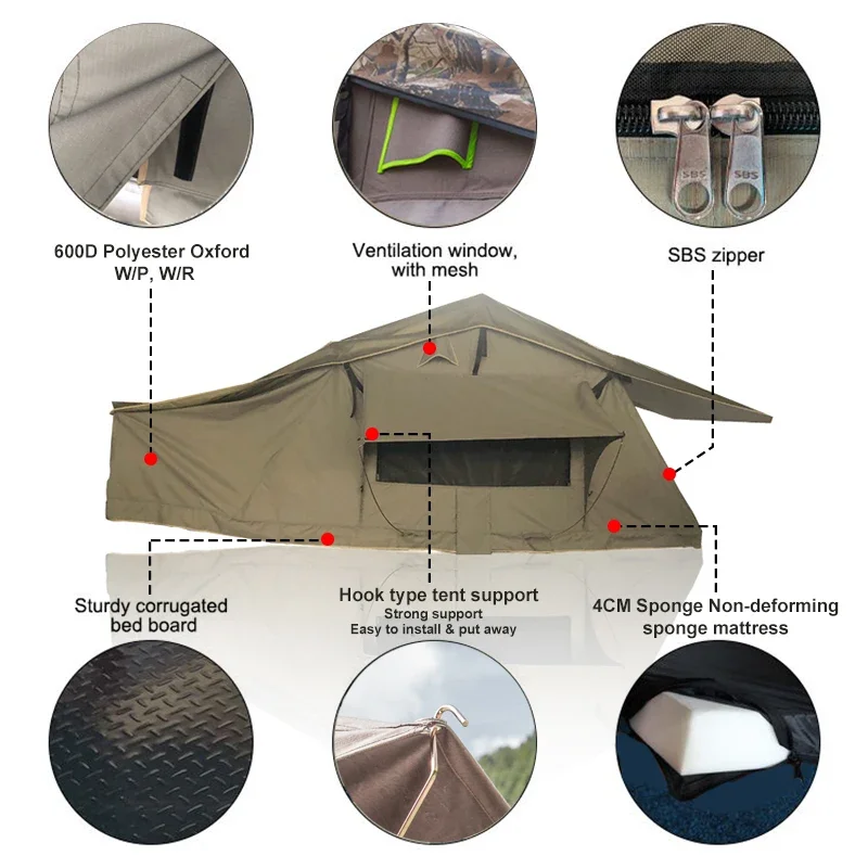 Roof Top Tent Soft Shell 3 Person - 付属の防水ルーム付き4x4 1～2人用アルミ製キャンピングカーソフトシェルルーフトップテント（車両、トラック、SUV、ジープ用）